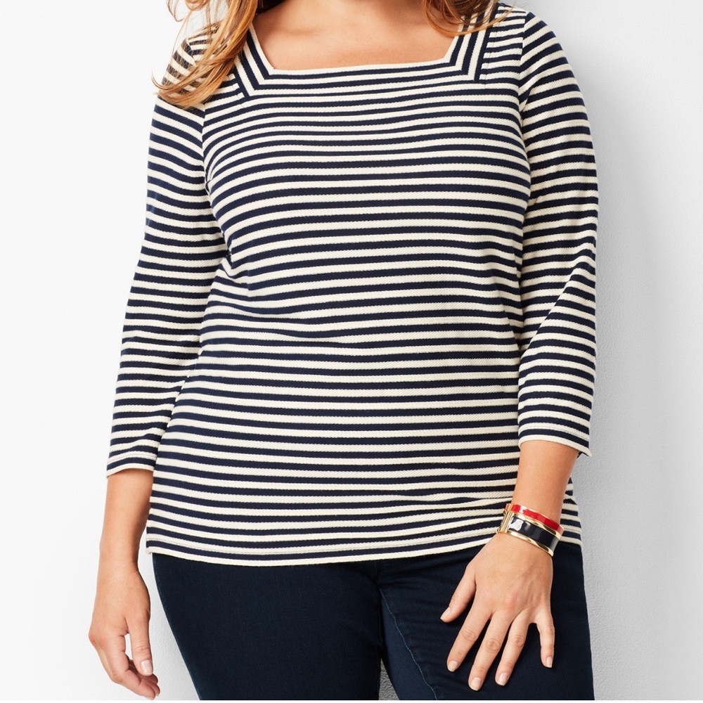Chicos TEXTURED knit SQUARE-NECK long sleeve top black and white stripe sz Large